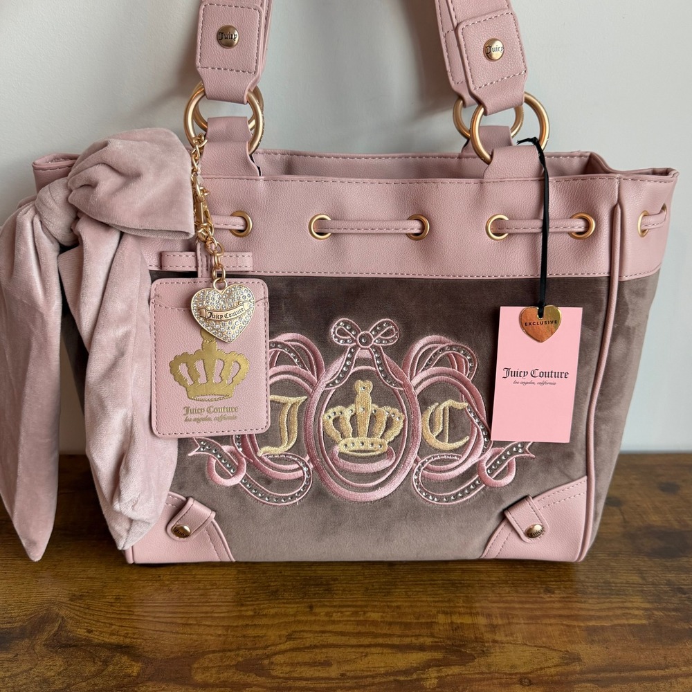 New Juicy Couture Lovers Club Brown Pink Daydreamer Tote Shoulder Handbag Charm
